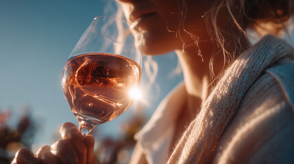 Close-up of a woman holding a glass of rosé wine in the sunlight, warm golden glow, relaxing outdoor moment, summer evening atmosphere. 
