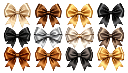 A grid of twelve richly colored bows, in various shades of gold, brown, cream, black, and silver.  Each bow is detailed and realistic in appearance