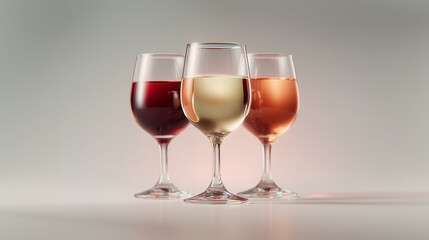 Three elegant wine glasses filled with red, white, and rosé wine, minimalist composition on soft gradient background, symbol of tasting and celebration. 