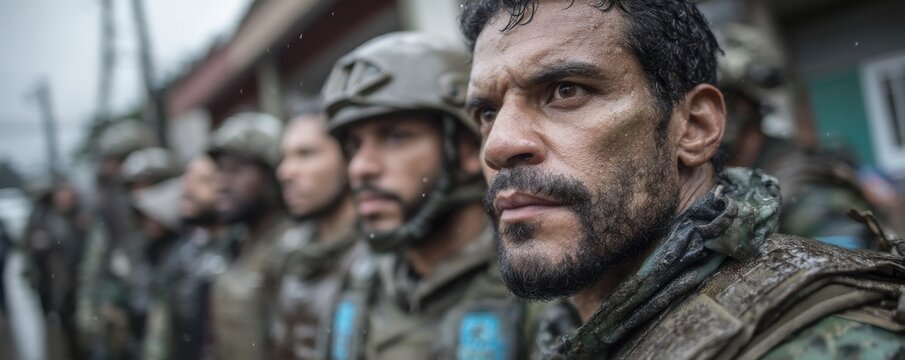 Military personnel in formation during a collaborative outdoor training exercise