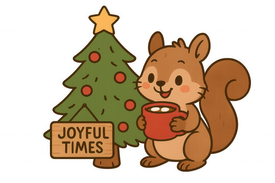Squirrel enjoying winter holidays with hot chocolate by a decorated christmas tree, celebrating joyful times - Powered by Adobe