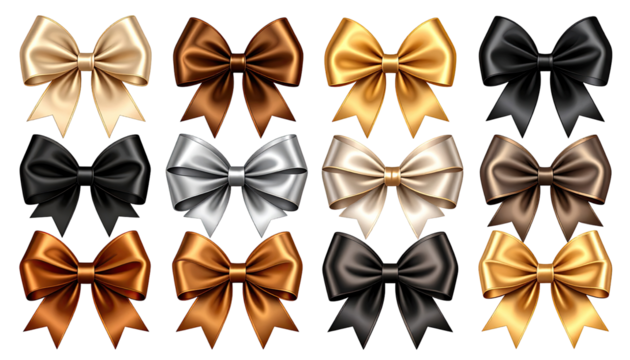 A grid of twelve richly colored bows, in various shades of gold, brown, cream, black, and silver.  Each bow is detailed and realistic in appearance