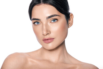 Fototapeta premium Beauty portrait of Caucasian young woman with healthy moisturized facial skin and natural plump lips. Beauty face concept. High quality