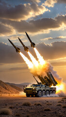 Obraz premium A military missile laucher in dessert firing missiles into the sky against dramatic sunset sky background