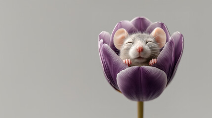 Adorable small mouse peacefully sleeping inside a purple tulip, creating a whimsical and heartwarming scene of nature and cuteness. 
