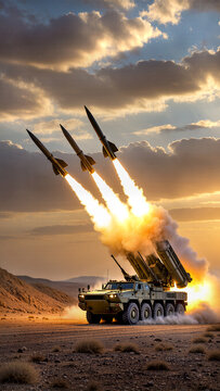 A military missile laucher in dessert firing missiles into the sky against dramatic sunset sky background