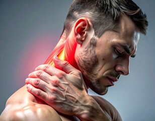 Athletic man experiencing intense muscle tension and joint pain in the neck and shoulder area, a medical concept illustrating inflammation