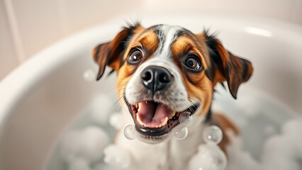 Playful dog enjoying a bubble bath, radiating joy and carefree moments.
