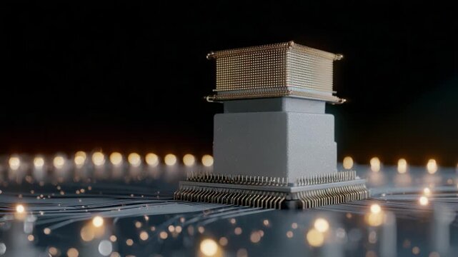 Futuristic central processor unit on a circuit board glowing with cyan light while processing complex data calculations, representing a technological breakthrough in the field of quantum computing