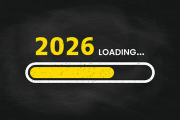 2026 Loading Concept with Solid Progress Bar on Chalkboard Background with Yellow Chalk Effect
