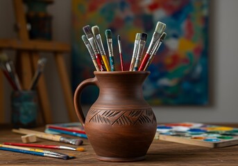 Rustic clay jug with paintbrushes in artist studio"