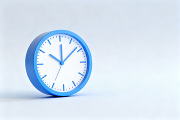 Blue analog clock with white face and blue hands on a light background
