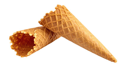 Two waffle cones, light golden brown, overlapping.  The cones are slightly open, showing a light orange interior