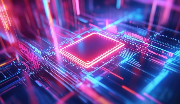 Abstract, glowing circuit board with central chip