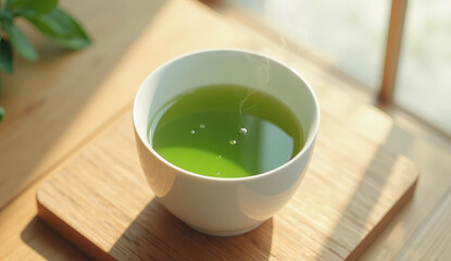 A steaming cup of green tea on a wooden surface
