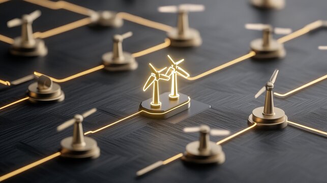 Glowing wind turbine icons central to a dark grid network with abstract golden nodes and bright interconnected lines