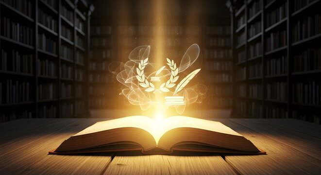 Open book with glowing pages.