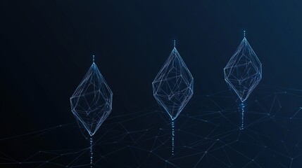 Three glowing blue wireframe diamond shapes on a dark digital network background