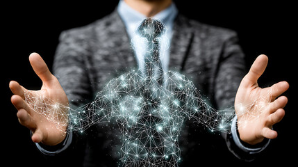 Businessman holding a glowing digital network representing connectivity and technology