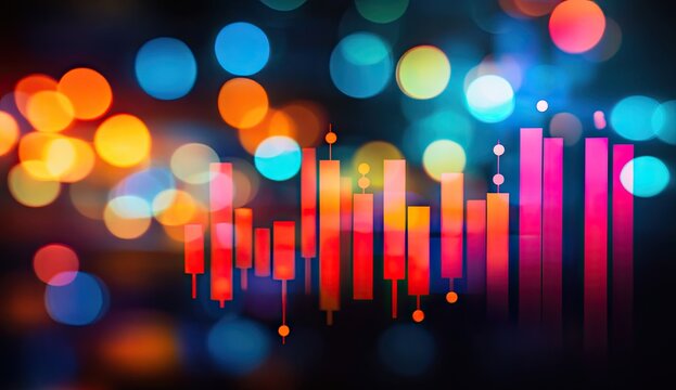 Colorful stock chart on dark bokeh background