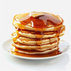 A stack of golden-brown pancakes drizzled with amber syrup and topped with a pat of melting butter, sits on a small white plate against a bright white background
