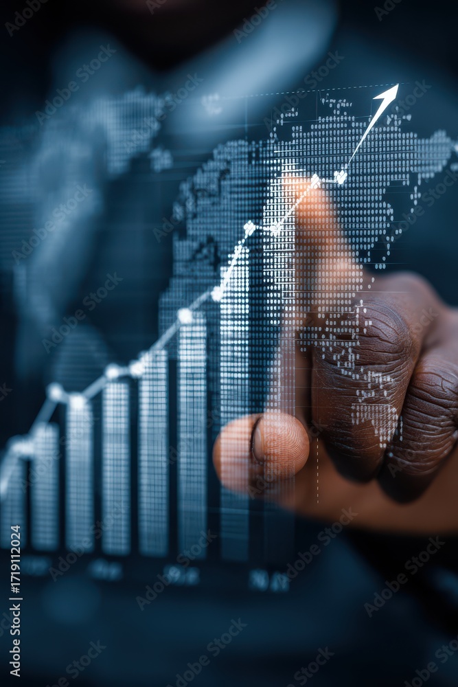 Poster closeup of a person analyzing upward financial graph with global connections