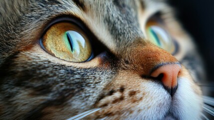 Close up of a cat's face with striking green eyes. Concept of pets and animal beauty.