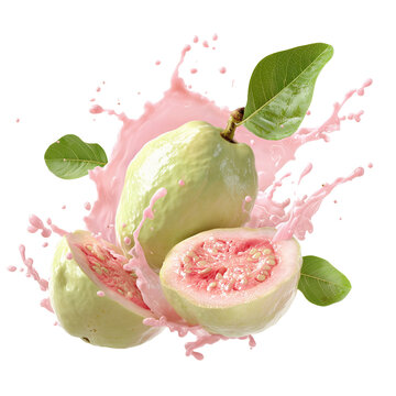 Guava with Pink Milk Splash on a Transparent Background


