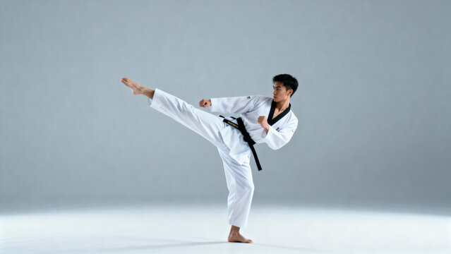 A martial artist performs a high kick in a white uniform with a black belt against a neutral background.