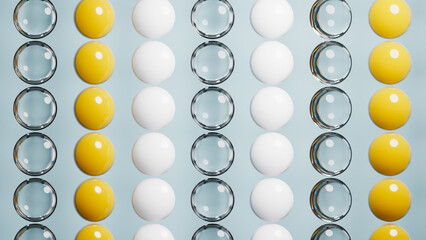 Colorful spheres forming an abstract and geometric pattern on light blue background