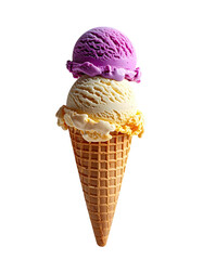 Two scoops of ice cream, one purple and one yellow, in a waffle cone