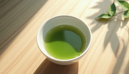 Refreshing Green Tea in a White Bowl on a Light Wood Table