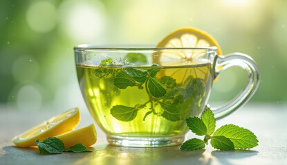 Refreshing Mint and Lemon Tea in a Glass Cup