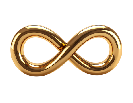 Polished gold infinity symbol, 3D rendered, smooth curves, gleaming reflective surface, isolated on black background