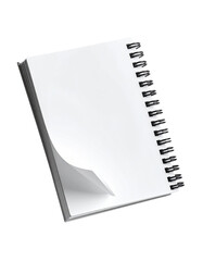 Spiral-bound notebook, blank pages, slightly angled, curled page