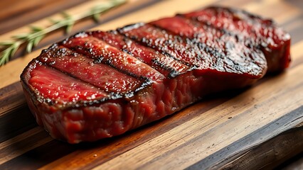 Close-up of raw beef on a wooden surface, showcasing freshness and culinary appeal.
