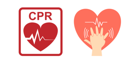 CPR symbols: heart with pulse and hand pressing on heart.