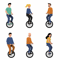 Diverse group of people of various ages riding unicycles, demonstrating balance, skill, and alternative urban mobility in a cheerful flat vector illustration. © Nadhirotul