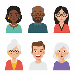 Diverse group of six cartoon avatars representing various ages, ethnicities, and emotions; perfect for illustrating user profiles, social media, or general people concepts.