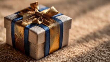 Small, light gray gift box, adorned with gold and navy blue ribbon, sits on a beige surface