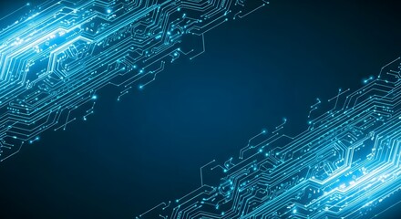 Futuristic glowing blue circuit board corners with a dark background.