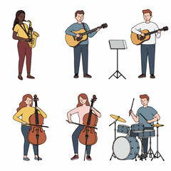 Diverse group of musicians playing a variety of musical instruments including saxophone, acoustic guitar, cello, and drums, in a vibrant cartoon illustration.