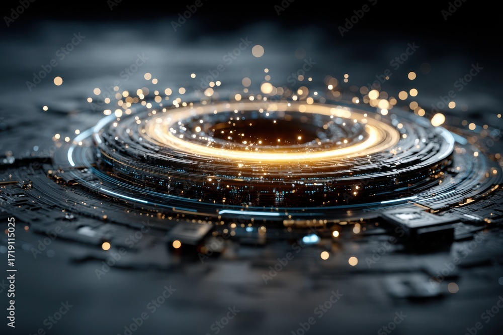 Poster illuminated circular technology design with sparkling lights on a blue surface