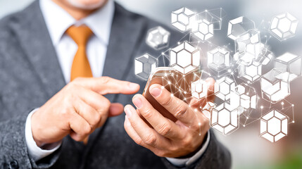 Businessman interacting with digital hexagonal network on smartphone, symbolizing technology and data connectivity
