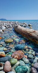 Crystal-clear shallows, vibrant pebbles, driftwood, bright blue sea