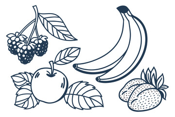 A vibrant set of fresh fruits and berries, including apples, cherries, pears, and strawberries, perfect for a healthy food illustration or icon design