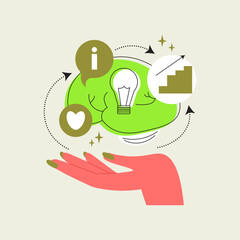 Hand holding a brain with a lightbulb, representing ideas and innovation