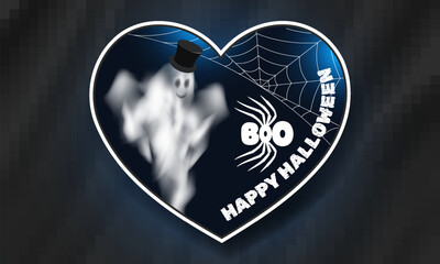 Vector heart sticker, badge. Dark night comical flying cheerful foggy ghost, spider and web. Halloween. Turbid blurry spirit. Icon