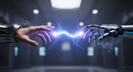 Human and Robot Hands Connecting with Energy Future Tech Innovation