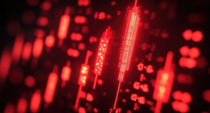 Red pixelated candlestick charts on a dark background